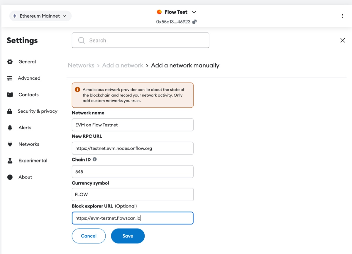 MetaMask Network Configuration